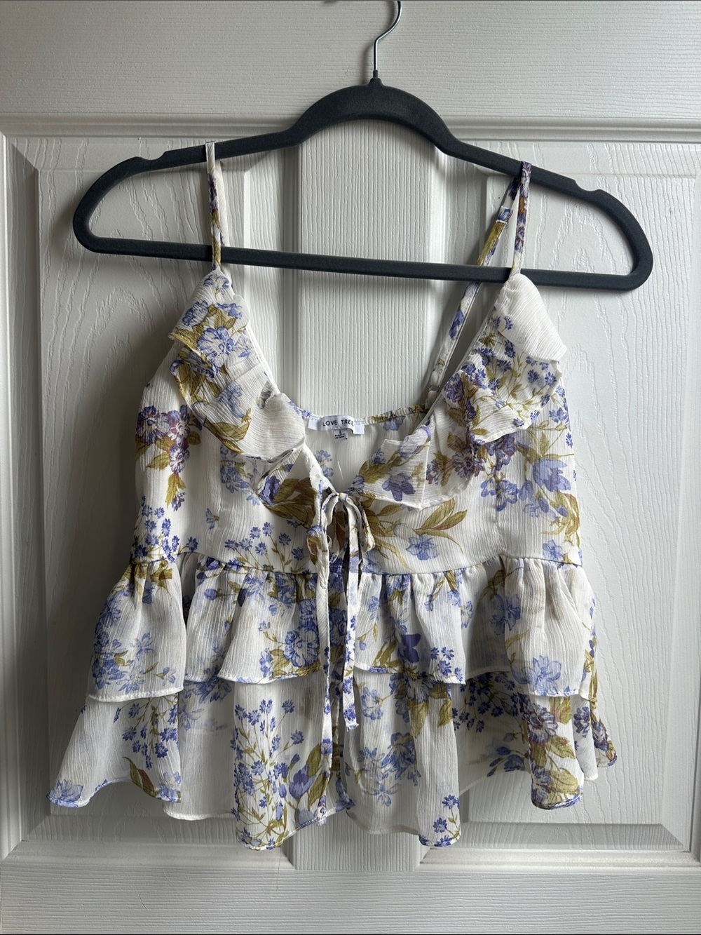 Love Tree White Floral Ruffle Tie-Front Cami with Blue and Olive Print